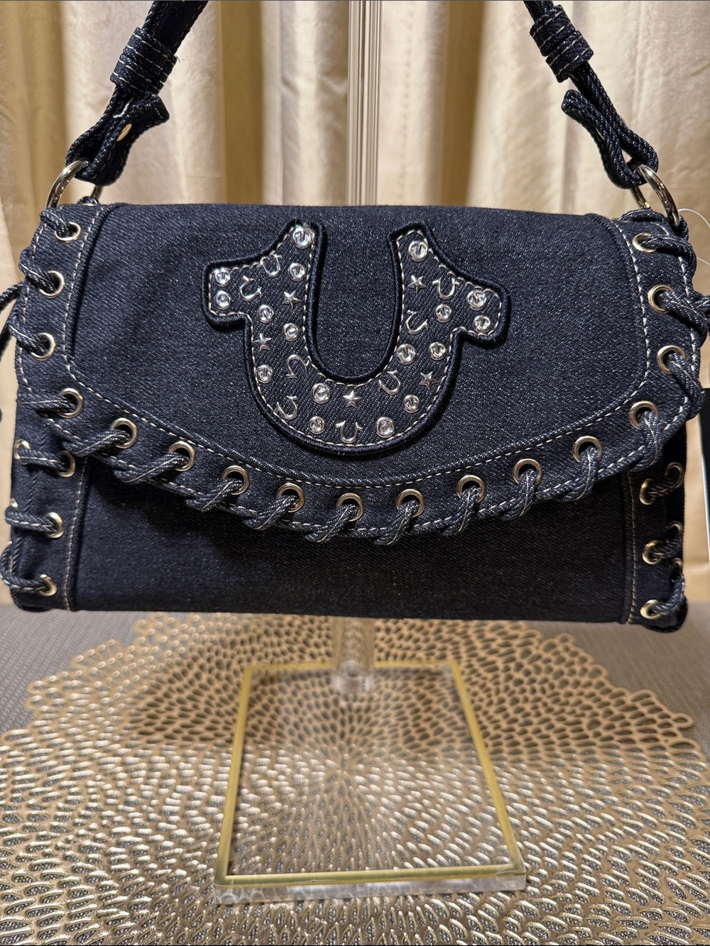 True Religion Joey Studded Horseshoe Eyelet Denim Flap Shoulder Bag NWT - Picture 9 of 9